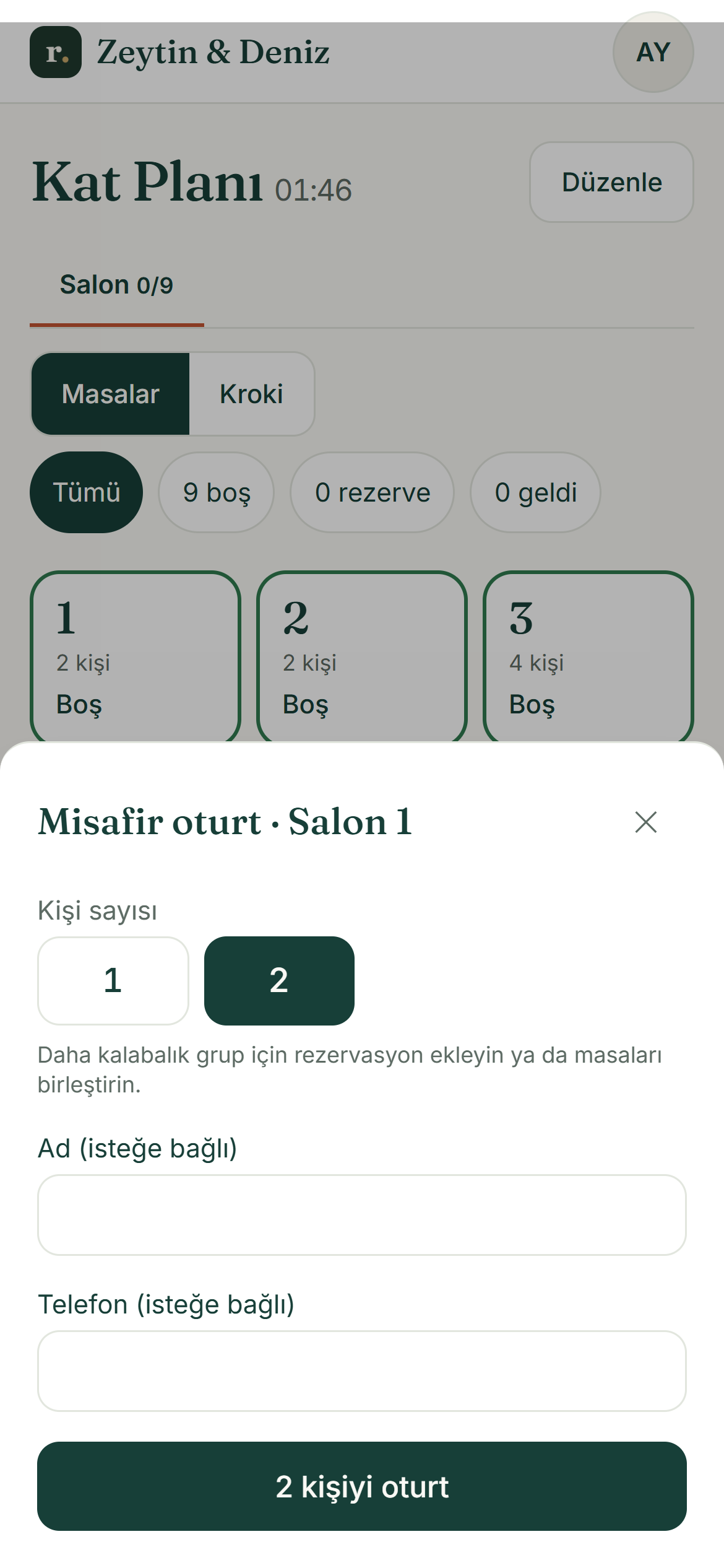 Rezervasyonsuz misafiri masaya oturtma